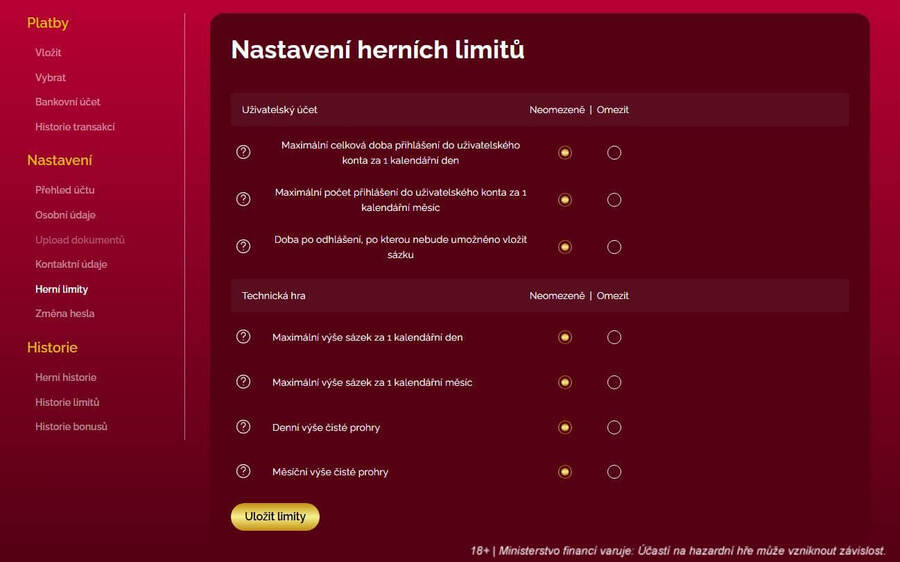 LuckyBet casino nastavení herních limitů